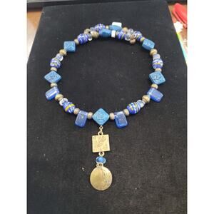 Vintage Boho Blue Beaded & Cinnabar Choker Necklace 12" Brass Pendant & Spacers
